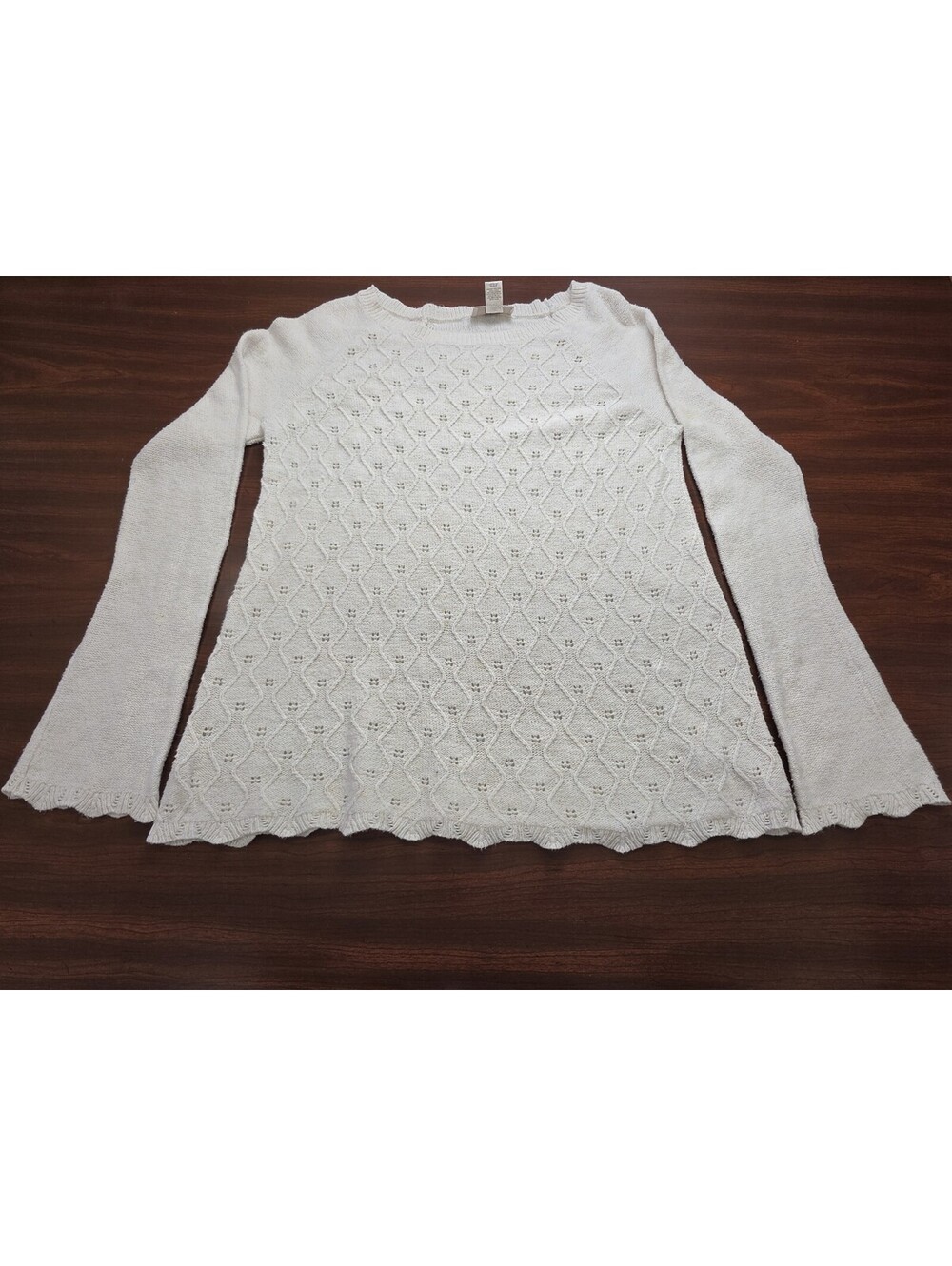 Loft Outlet Cream Sweater Small Long Sleeve Pointelle Knit Cozy Minimalist Top